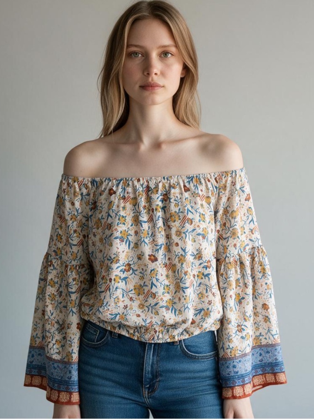 Flying Tomato Cream Floral Off-Shoulder Blouse with Blue and Rust Trim